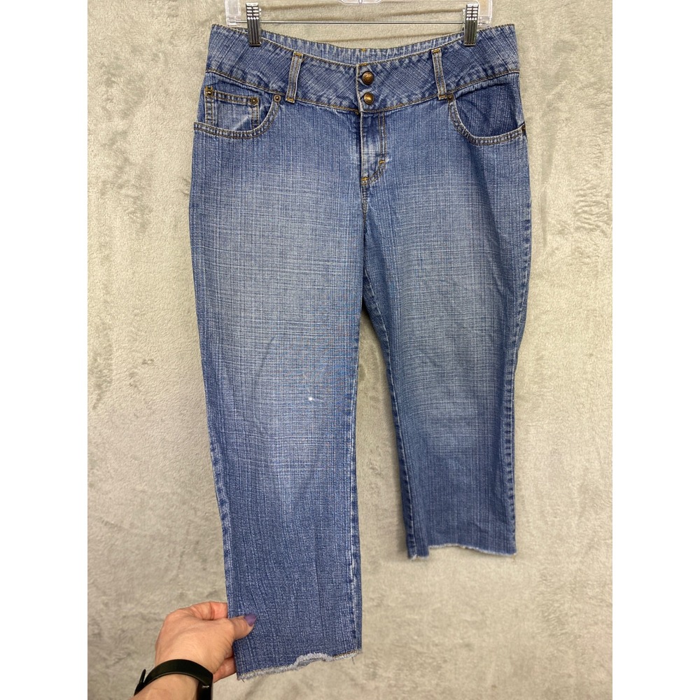 Jordache Vintage Y2K Capri Blue Jeans Sz 13 / 14 Double Snap Raw Hem Grunge 33"W